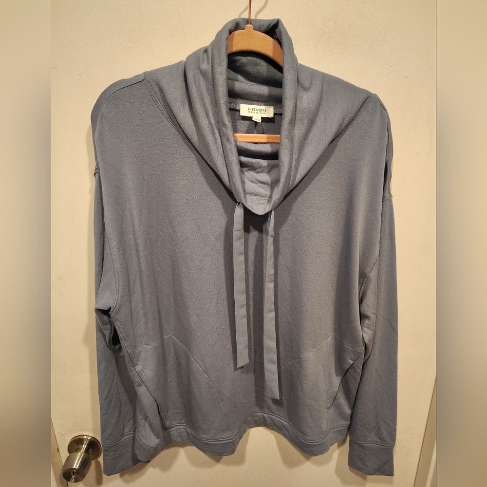 Haven Well Within Women's Blue Interlock Funnel Neck Pullover Sz L Casual Sporty